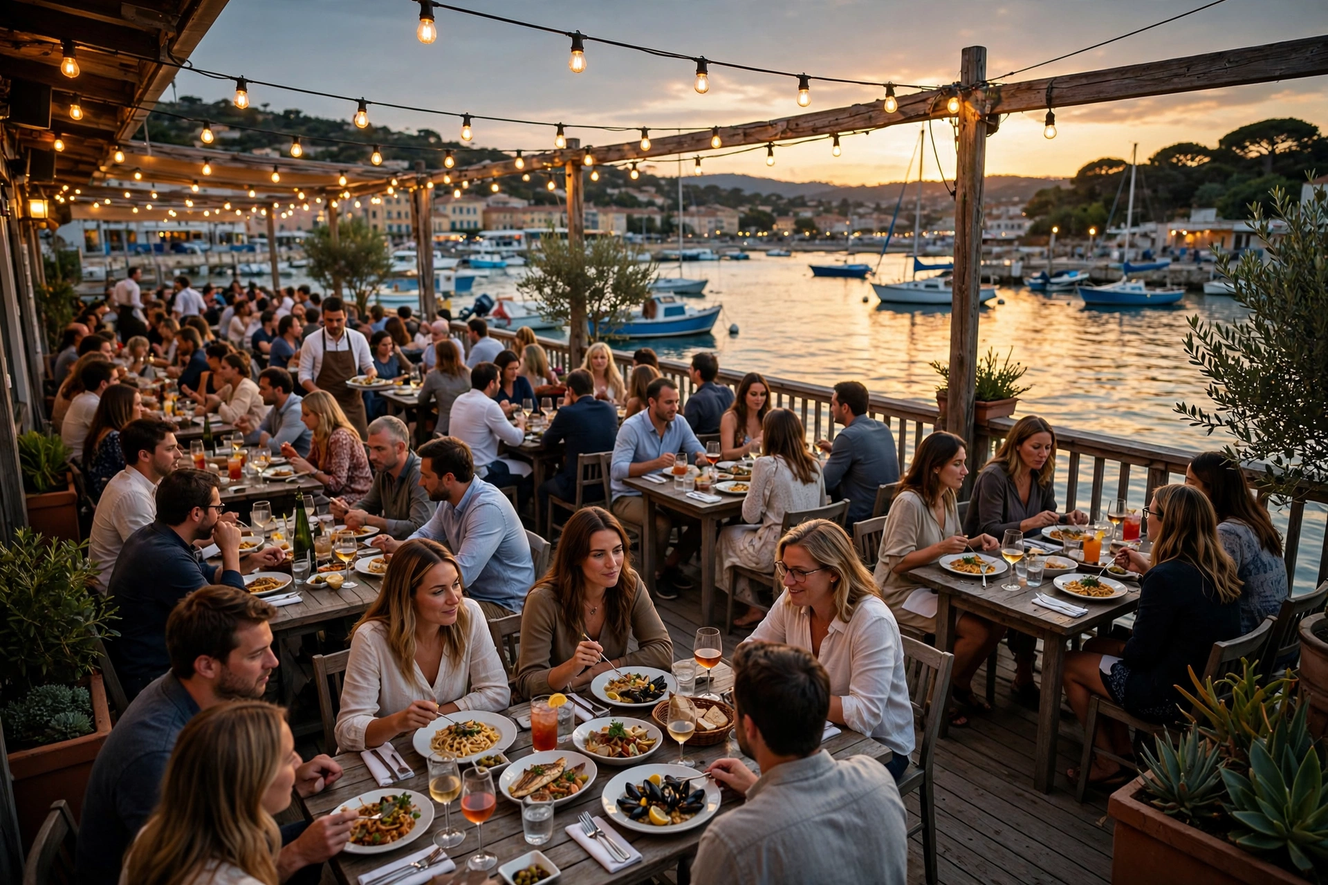 Waterfront restaurant deck at dusk