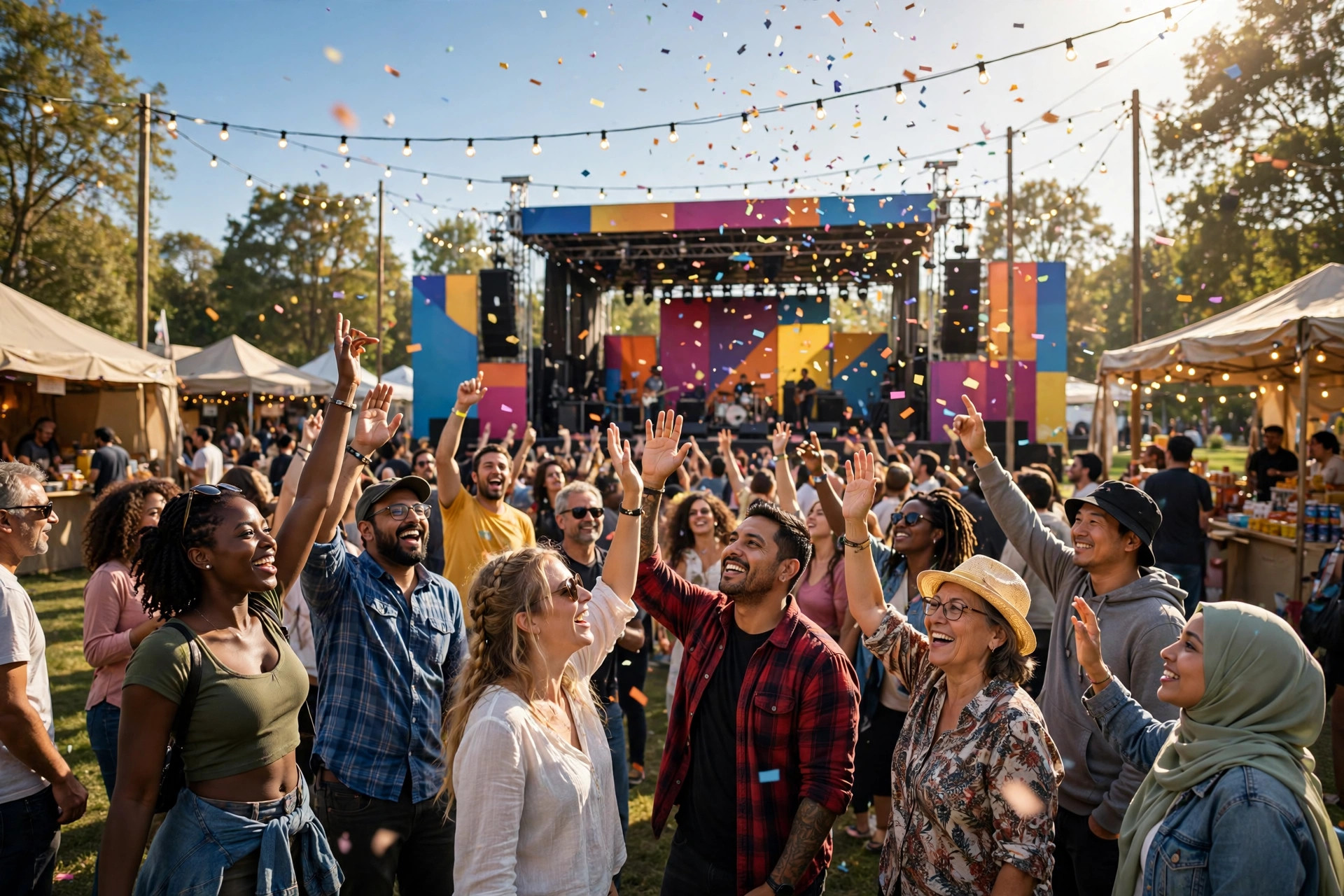 Daytime outdoor festival crowd with raised hands