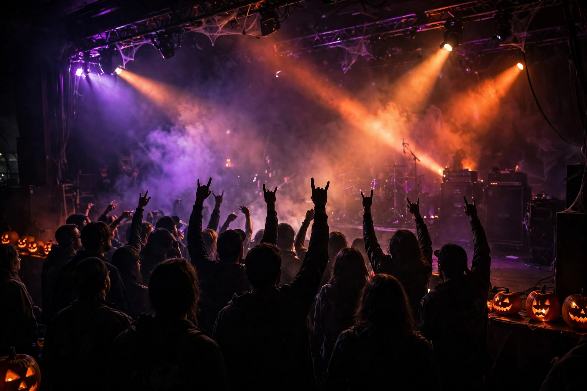 Halloween rock concert crowd in orange and purple stage light