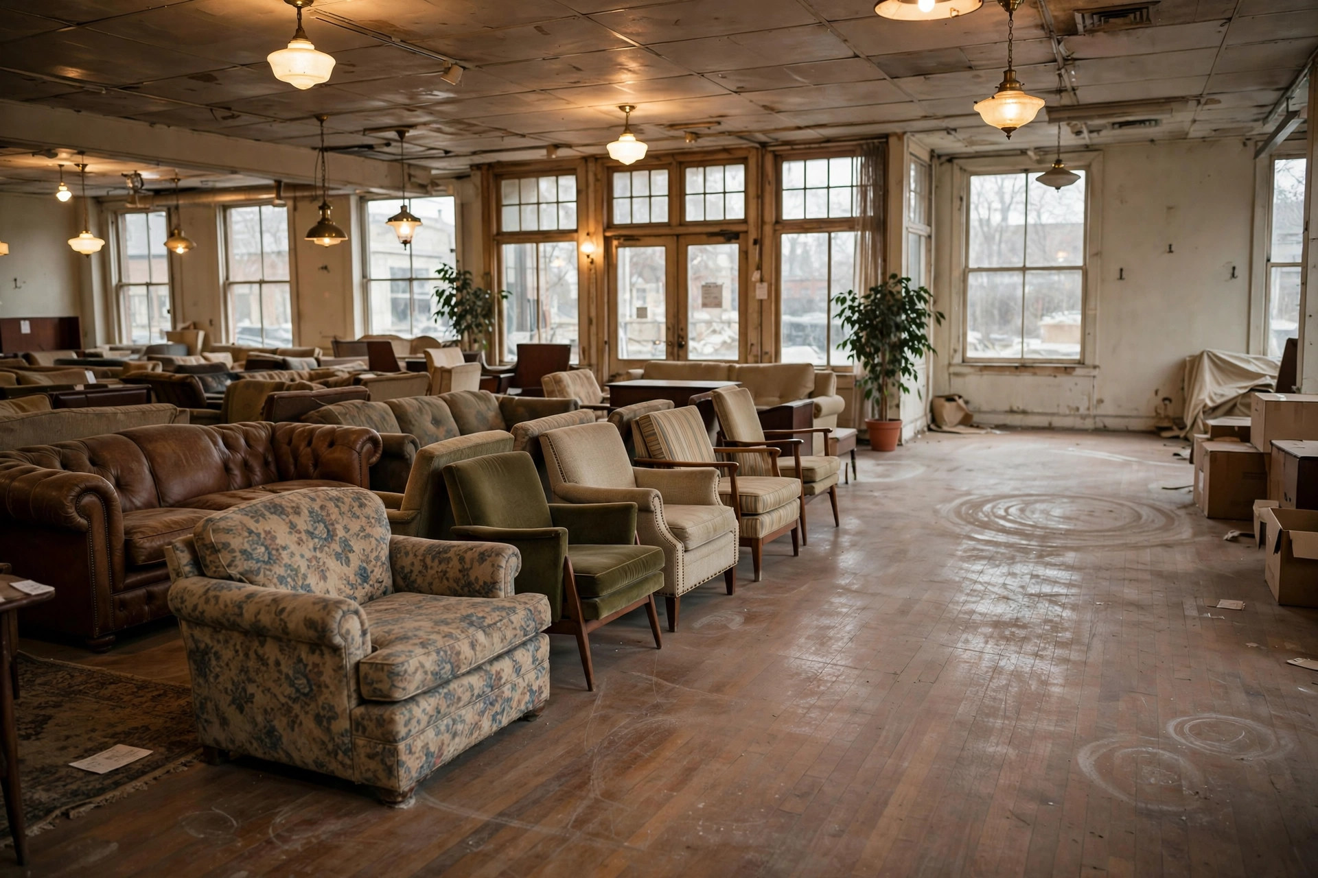Classic furniture store showroom with sofas under warm lighting