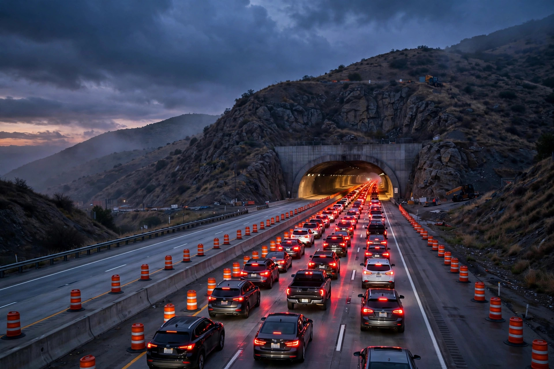 Highway tunnel entrance at dusk with brake lights stretching toward it