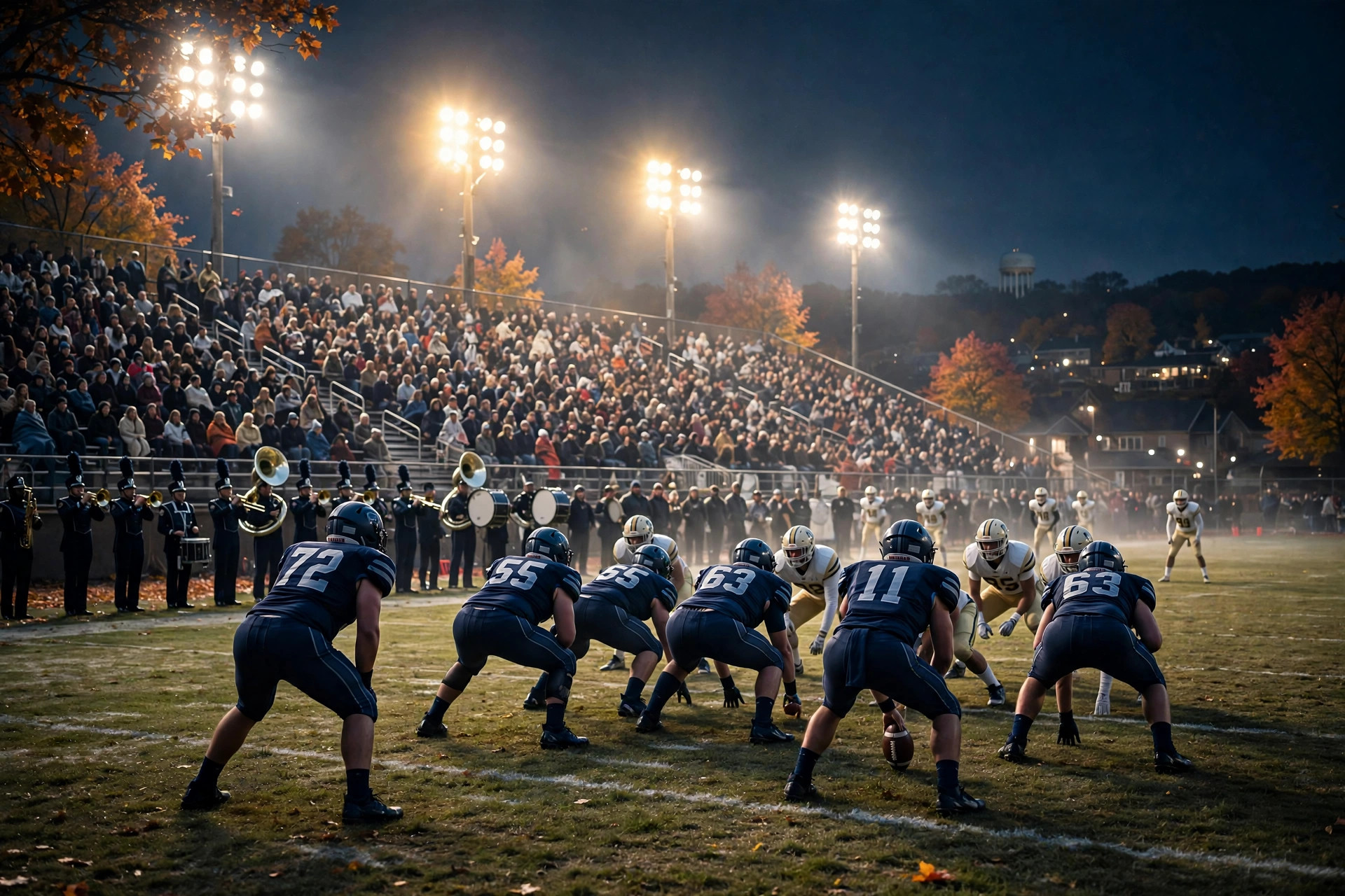 High school football stadium under Friday night lights with packed bleachers