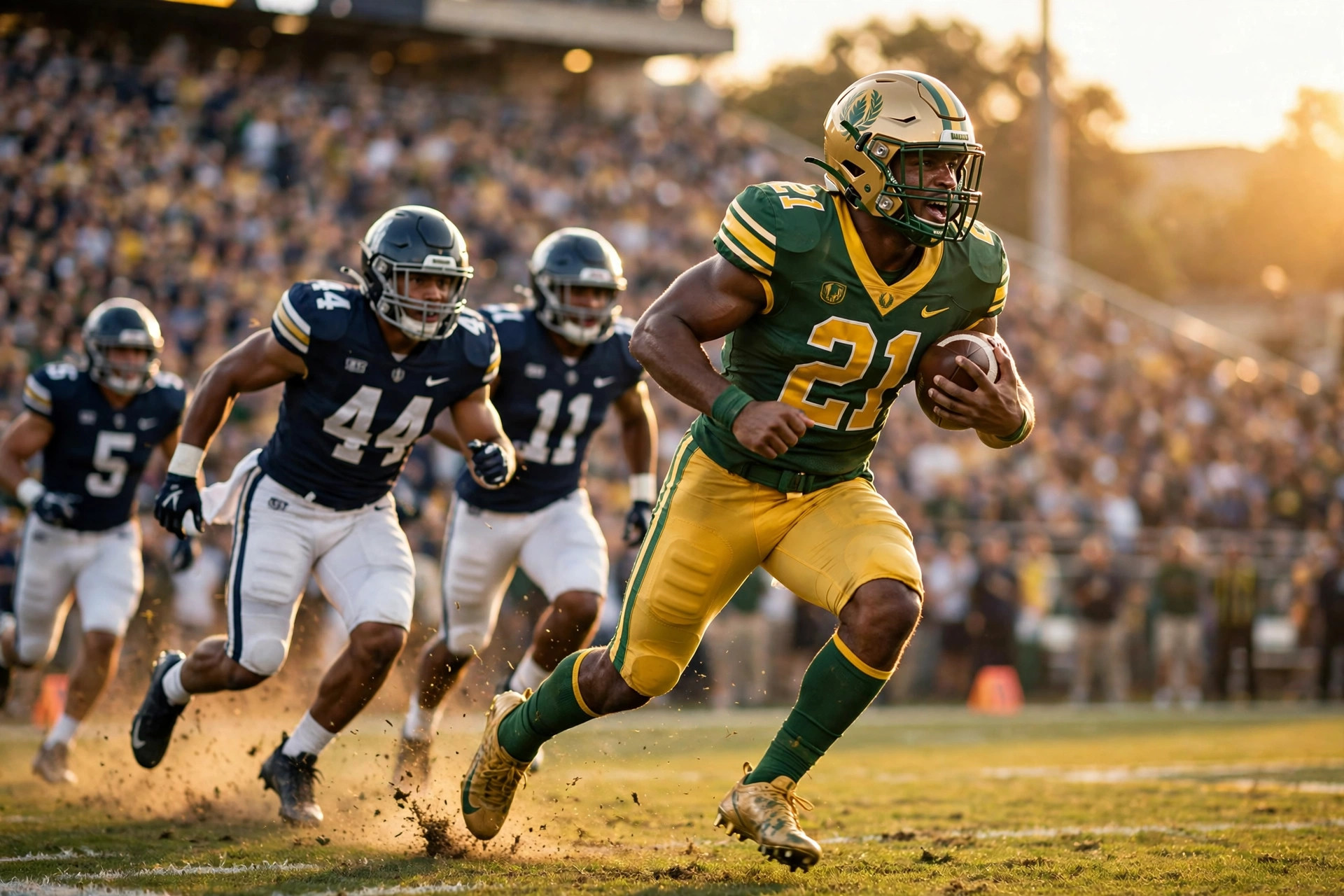 College football running back breaking away down the sideline