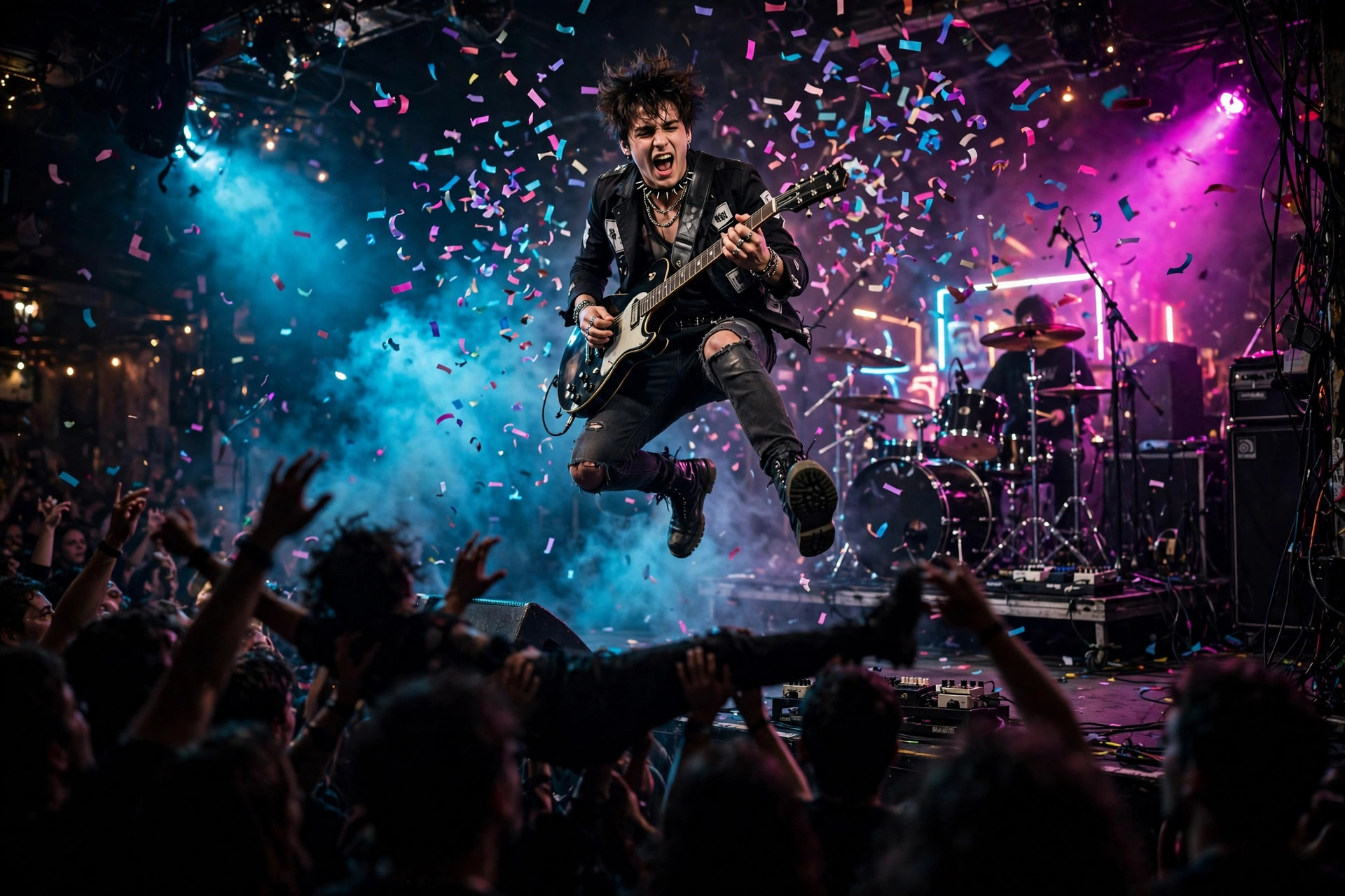Guitarist mid-jump on a packed club stage with confetti
