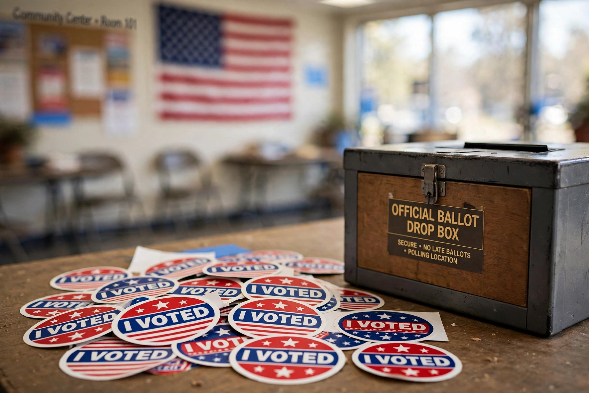 I Voted stickers beside a ballot box