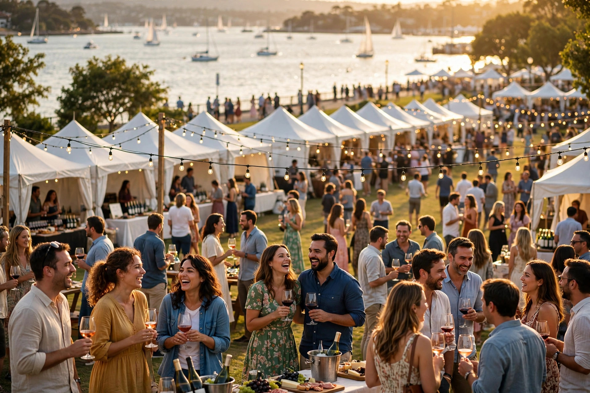 Outdoor wine festival with tasting tents on a sunny waterfront park
